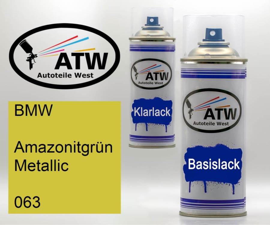 BMW, Amazonitgrün Metallic, 063: 400ml Sprühdose + 400ml Klarlack - Set, von ATW Autoteile West.